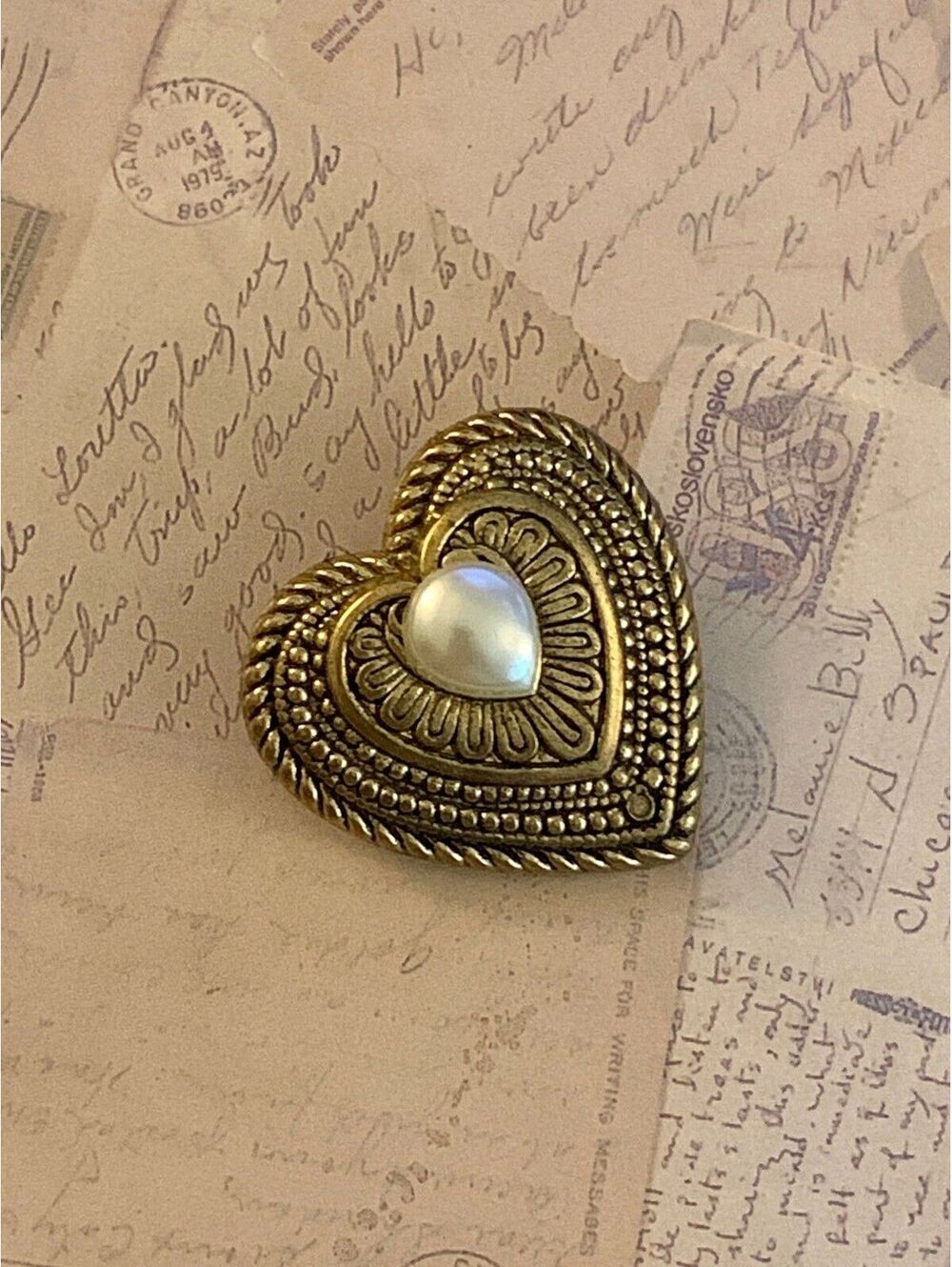 Vintage Signed Taiwan Heart-Shaped Antique Style Brooch with Faux Pearl Accent